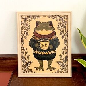 Cottagecore Frog Canvas Art Print Drinking Coffee Mug Vintage Style Framed Art
